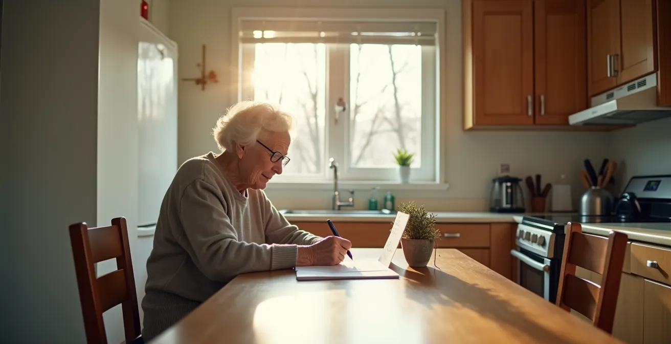 Personne âgée remplissant un formulaire de renouvellement RAMQ à domicile
