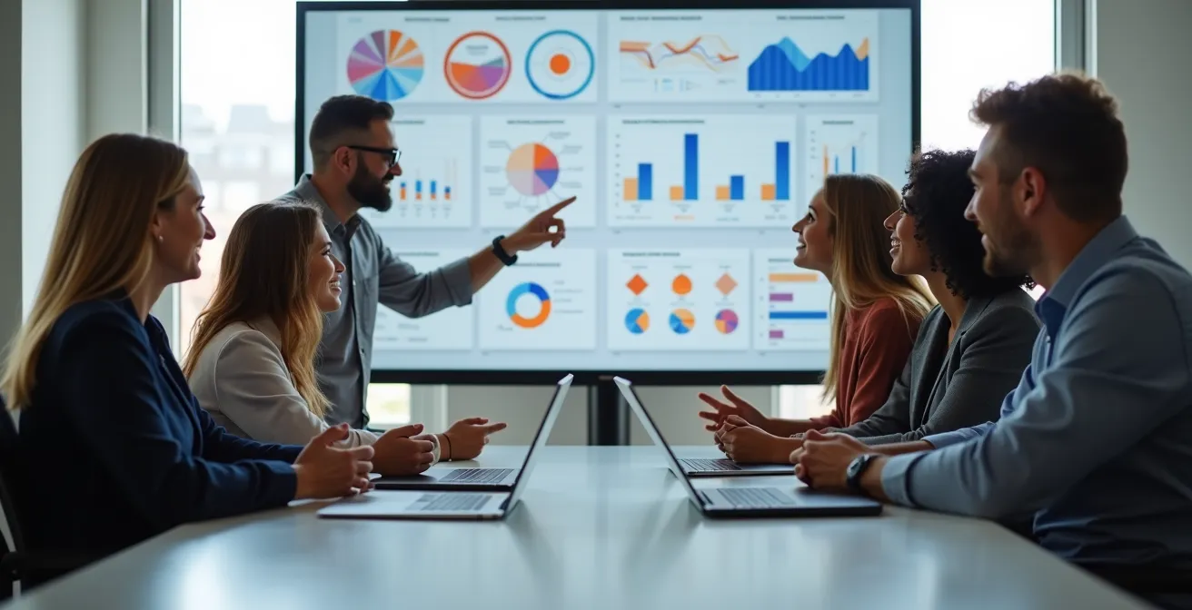 Salle de réunion moderne avec équipe diversifiée utilisant des outils collaboratifs numériques, écrans montrant des graphiques abstraits