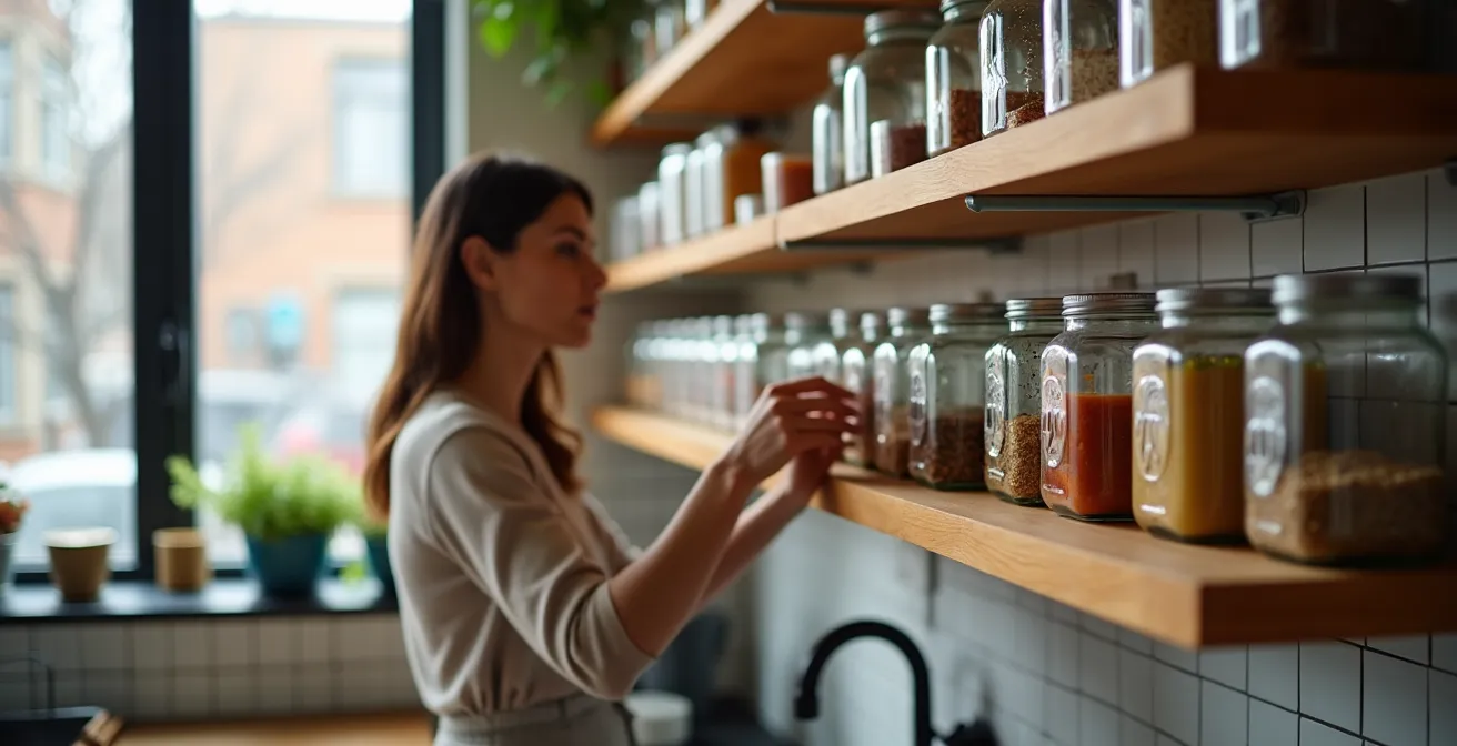 Cuisine montréalaise avec étagères ouvertes métalliques, paniers tressés et contenants transparents organisés verticalement