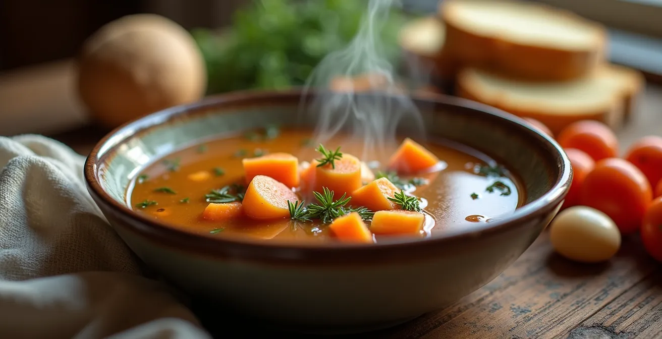 Bol fumant de soupe aux légumes-racines québécois sur table en bois avec ingrédients locaux d'hiver