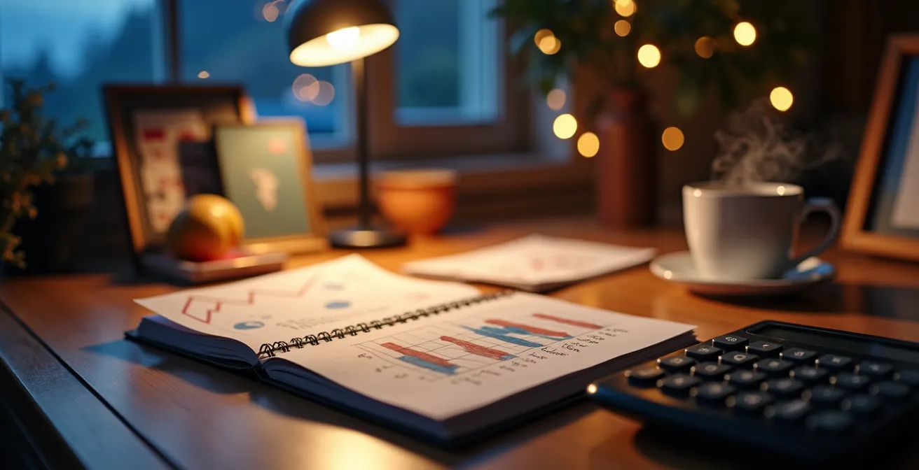 Bureau moderne avec calculatrice, passes de ski et tableau de calcul des coûts par descente illuminé par lampe de bureau