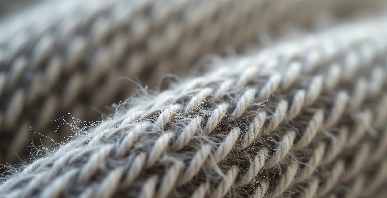 Détail macro d'un tricot en laine mérinos montrant la texture et la qualité du tissage