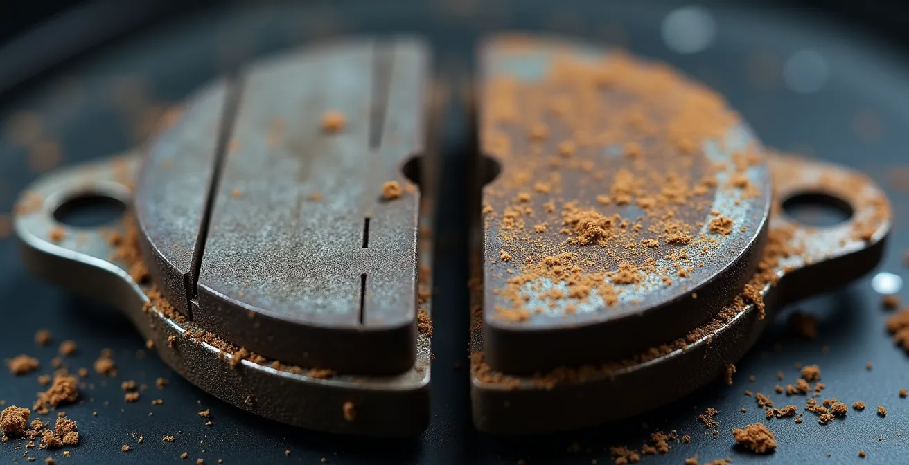 Vue macro détaillée de plaquettes de frein usées avec comparaison visuelle