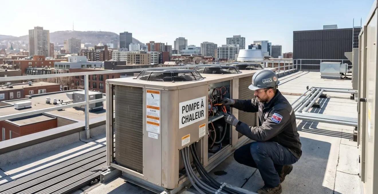 Technicien qualifié effectuant la maintenance d'une thermopompe moderne installée sur le toit d'un bâtiment commercial, avec le paysage urbain du Grand Montréal visible à l'horizon