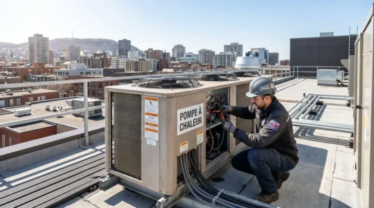 Technicien qualifié effectuant la maintenance d'une thermopompe moderne installée sur le toit d'un bâtiment commercial, avec le paysage urbain du Grand Montréal visible à l'horizon