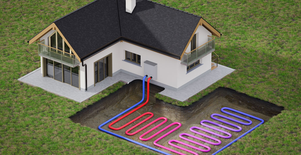 Installation professionnelle d'une unité de thermopompe géothermique dans un sous-sol résidentiel, montrant l'échangeur de chaleur et le système de tuyauterie Installation professionnelle d'une unité de thermopompe géothermique dans un sous-sol résidentiel, montrant l'échangeur de chaleur et le système de tuyauterie